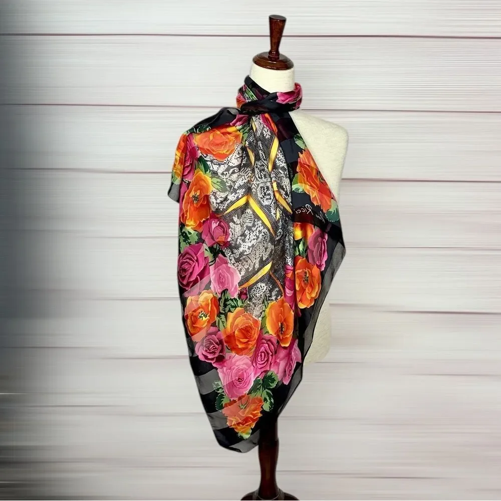 Vintage Nina Ricci Silk Scarf Black with Roses Floral and Lace Print 34x34